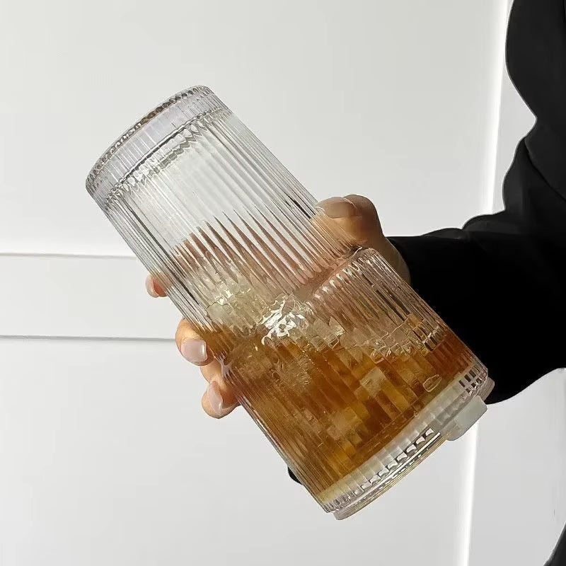 Elevate Your Beverage Experience with Our 600ML Stylish Stripe Glass Coffee Cup – Complete with Lid & Straw for Juices, Milk Teas, Iced Coffees, and More!