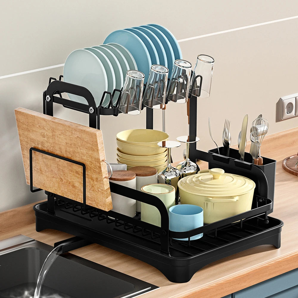 2-Tier Kitchen Dish Drying Rack with Drain Basket - Space-Saving Dinnerware Organizer and Drainer