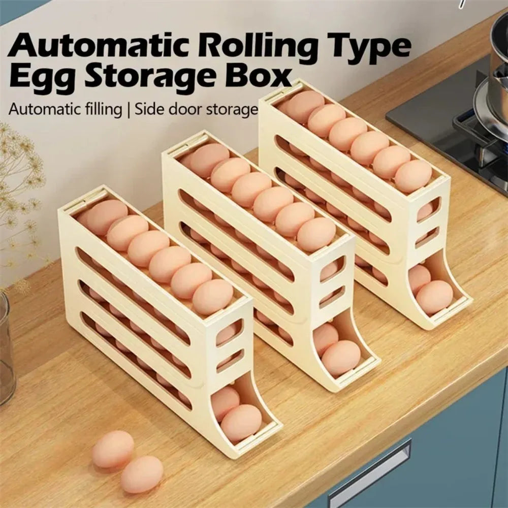 Revolutionize Your Kitchen with Our 4-Tier Rolling Egg Storage Box - Automatic Scrolling Dispenser for Effortless Organization!