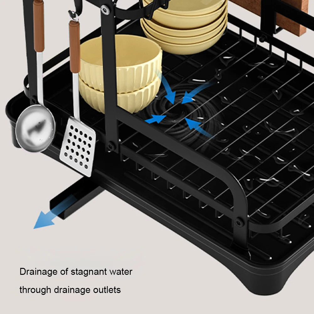 2-Tier Kitchen Dish Drying Rack with Drain Basket - Space-Saving Dinnerware Organizer and Drainer