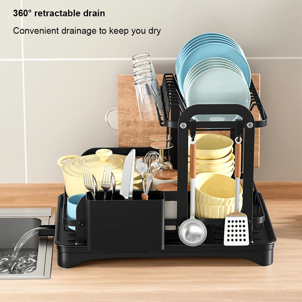 2-Tier Kitchen Dish Drying Rack with Drain Basket - Space-Saving Dinnerware Organizer and Drainer