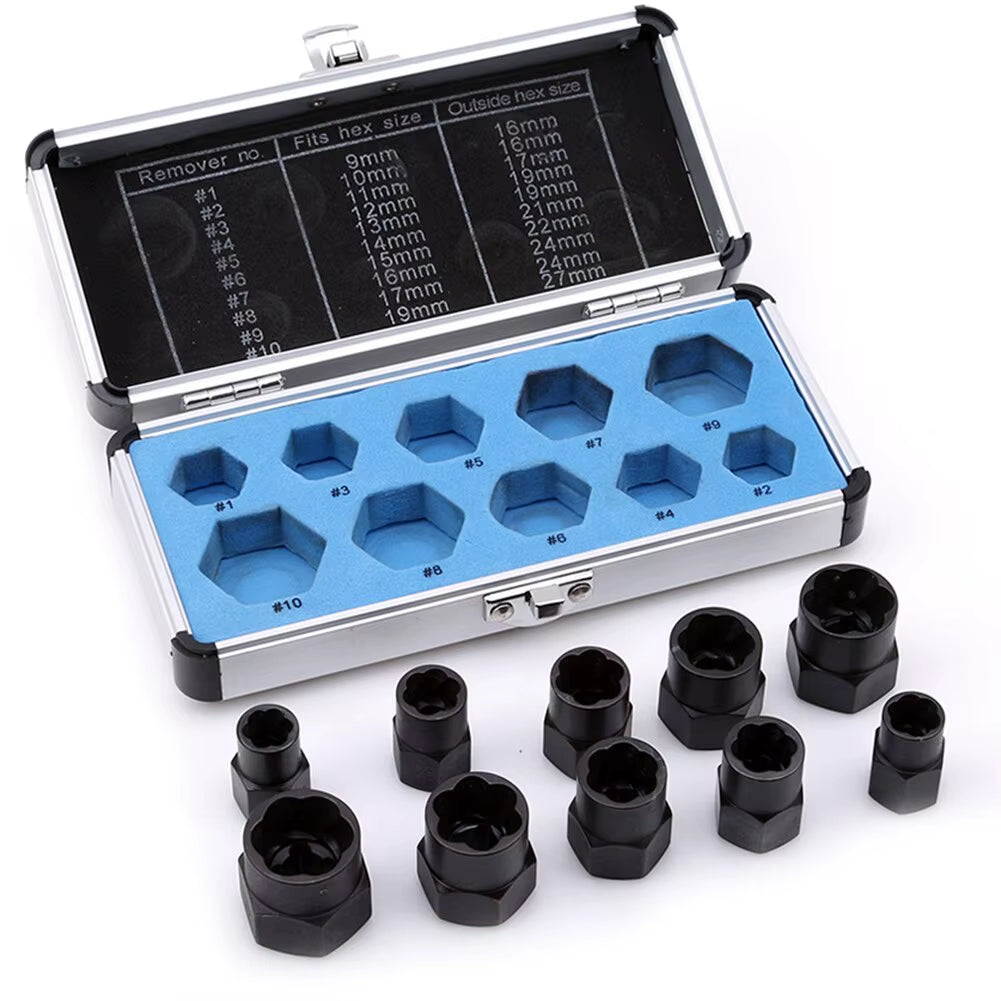 10-Piece Hexagonal Screw Extractor and Threading Tool Kit for Broken Nut and Bolt Removal