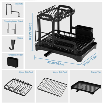 2-Tier Kitchen Dish Drying Rack with Drain Basket - Space-Saving Dinnerware Organizer and Drainer