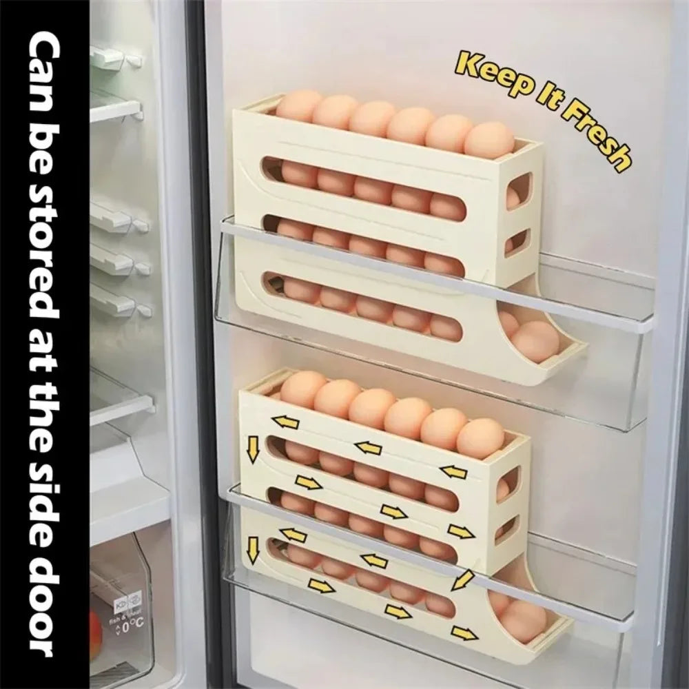 Revolutionize Your Kitchen with Our 4-Tier Rolling Egg Storage Box - Automatic Scrolling Dispenser for Effortless Organization!