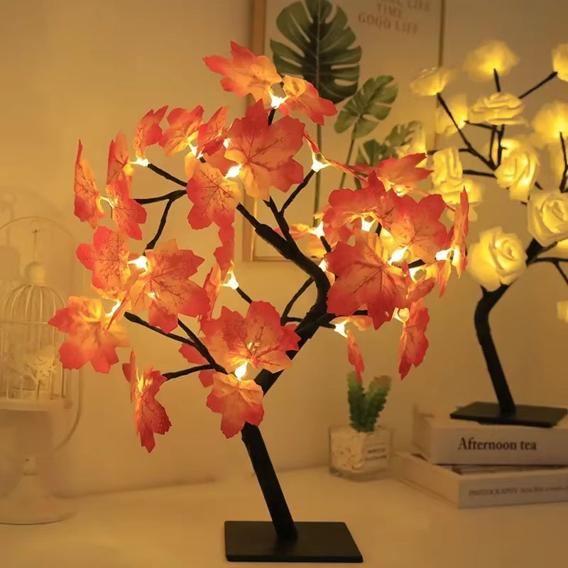 Enchanting 24 LED Fairy Flower Tree Lamp - Maple Leaf & Rose Night Light, USB Powered for Weddings, Parties & Halloween Decor
