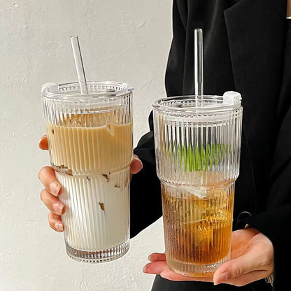 Elevate Your Beverage Experience with Our 600ML Stylish Stripe Glass Coffee Cup – Complete with Lid & Straw for Juices, Milk Teas, Iced Coffees, and More!