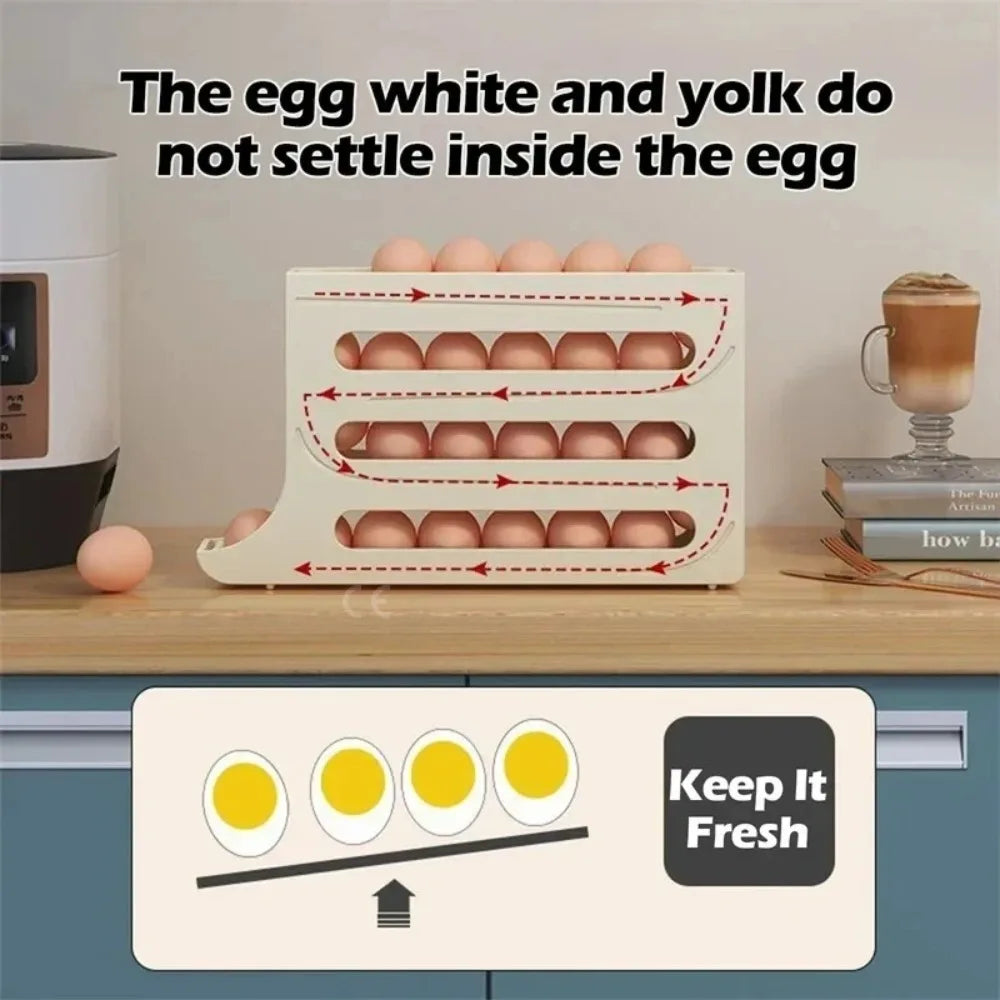 Revolutionize Your Kitchen with Our 4-Tier Rolling Egg Storage Box - Automatic Scrolling Dispenser for Effortless Organization!