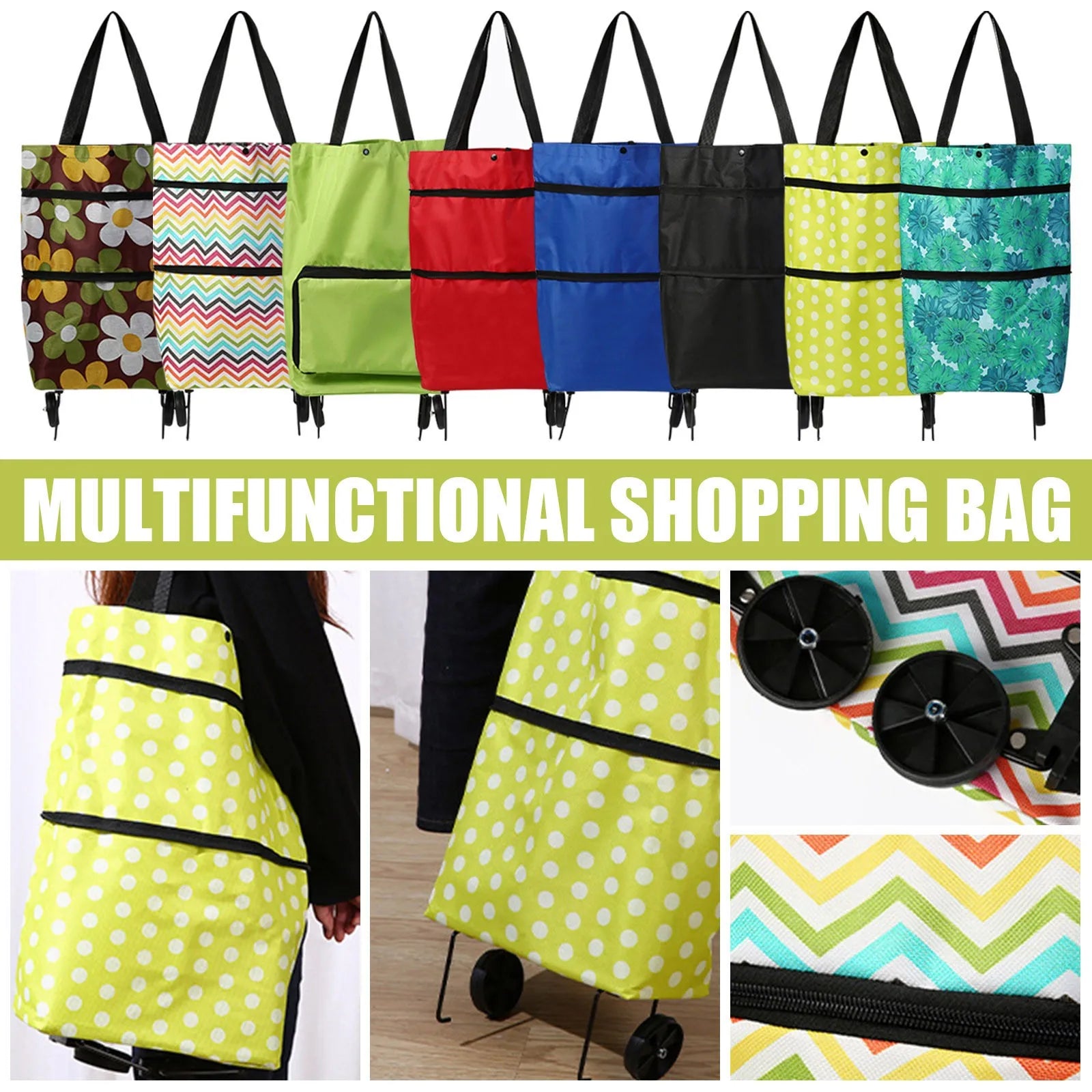 Versatile 2-In-1 Foldable Shopping Cart Bag - Waterproof Wheeled Trolley & Shoulder Bag for Groceries and Markets
