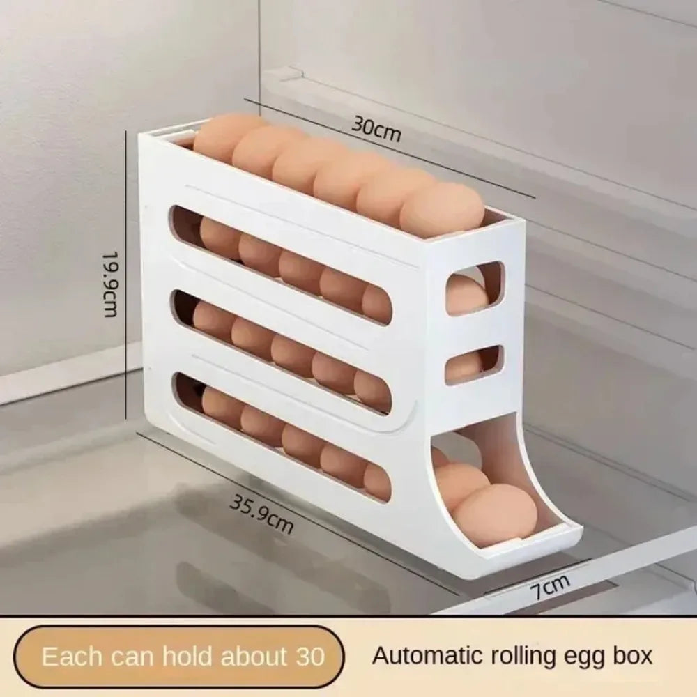 Revolutionize Your Kitchen with Our 4-Tier Rolling Egg Storage Box - Automatic Scrolling Dispenser for Effortless Organization!