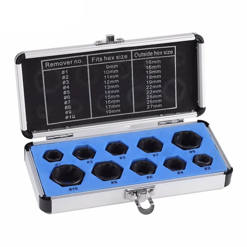 10-Piece Hexagonal Screw Extractor and Threading Tool Kit for Broken Nut and Bolt Removal