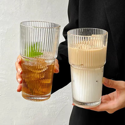 Elevate Your Beverage Experience with Our 600ML Stylish Stripe Glass Coffee Cup – Complete with Lid & Straw for Juices, Milk Teas, Iced Coffees, and More!