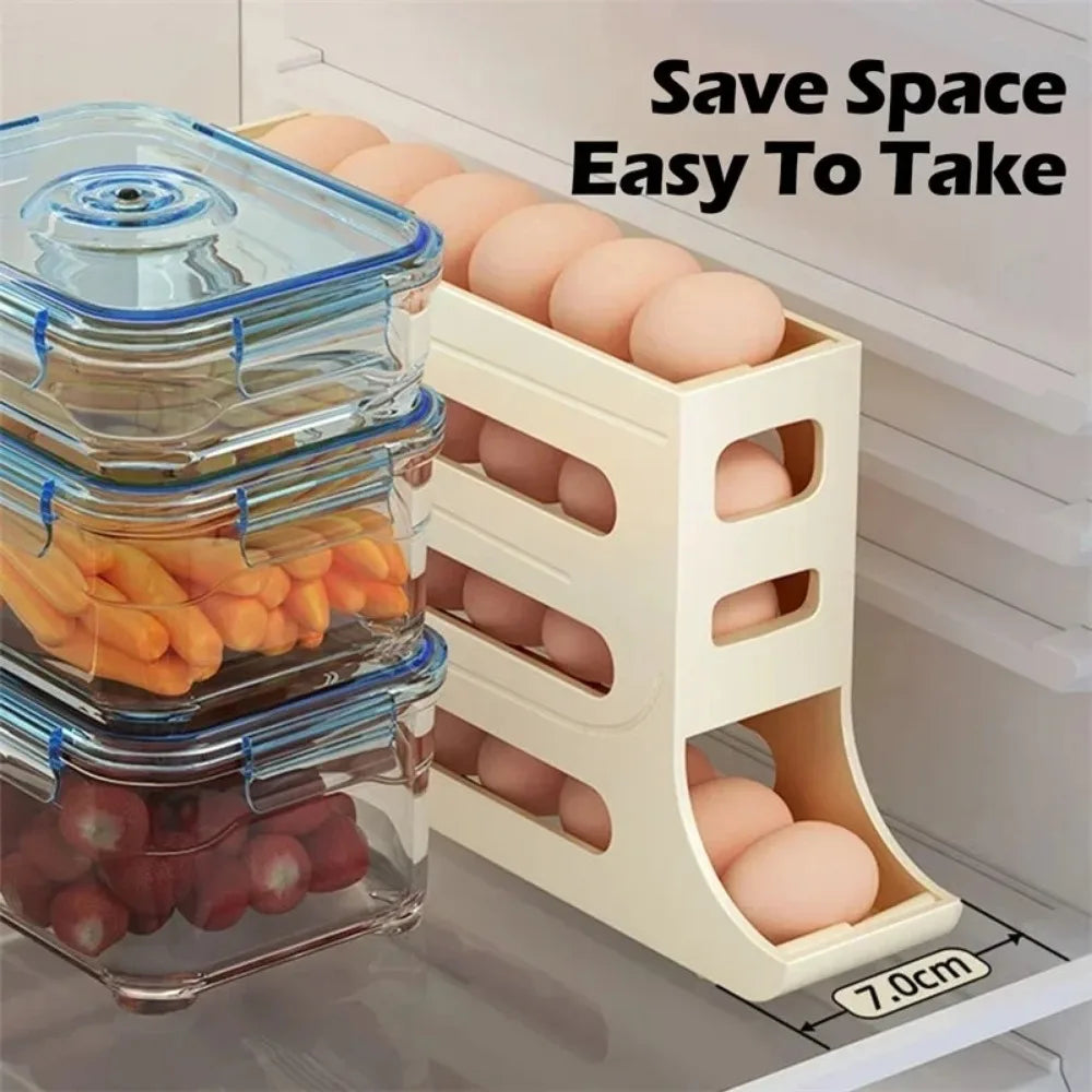 Revolutionize Your Kitchen with Our 4-Tier Rolling Egg Storage Box - Automatic Scrolling Dispenser for Effortless Organization!