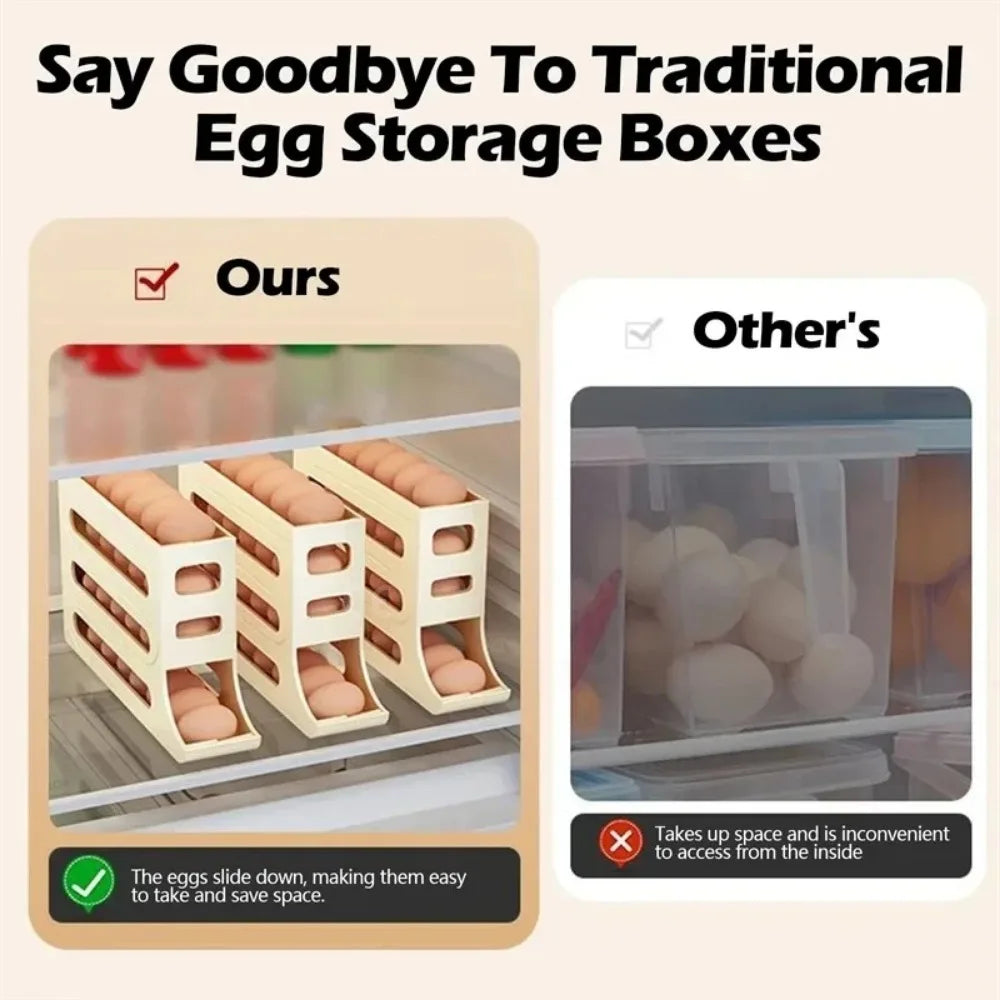 Revolutionize Your Kitchen with Our 4-Tier Rolling Egg Storage Box - Automatic Scrolling Dispenser for Effortless Organization!