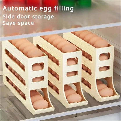 Revolutionize Your Kitchen with Our 4-Tier Rolling Egg Storage Box - Automatic Scrolling Dispenser for Effortless Organization!