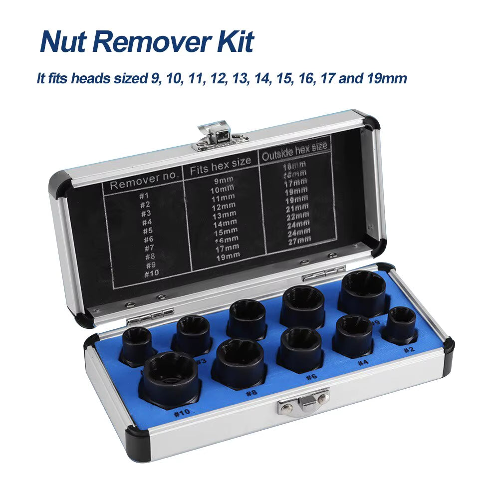 10-Piece Hexagonal Screw Extractor and Threading Tool Kit for Broken Nut and Bolt Removal