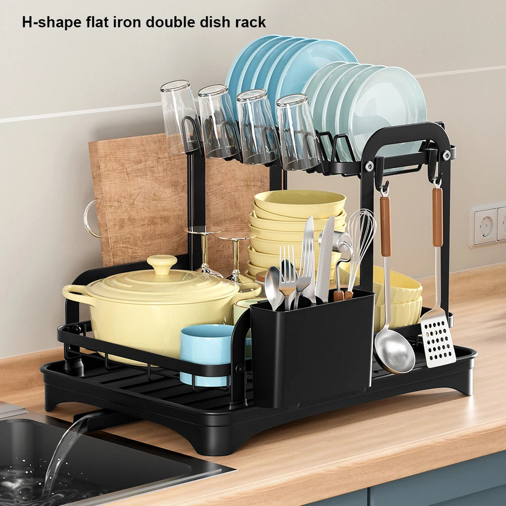 2-Tier Kitchen Dish Drying Rack with Drain Basket - Space-Saving Dinnerware Organizer and Drainer