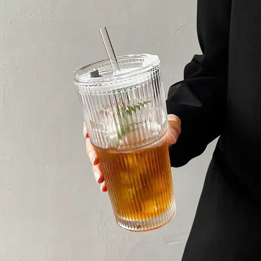 Elevate Your Beverage Experience with Our 600ML Stylish Stripe Glass Coffee Cup – Complete with Lid & Straw for Juices, Milk Teas, Iced Coffees, and More!