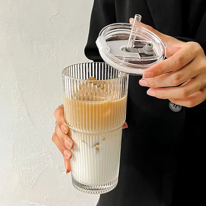 Elevate Your Beverage Experience with Our 600ML Stylish Stripe Glass Coffee Cup – Complete with Lid & Straw for Juices, Milk Teas, Iced Coffees, and More!